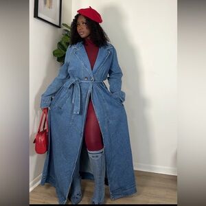Fall 🍂 Tall Mid Blue Wash Belt Detail Denim Trench Coat